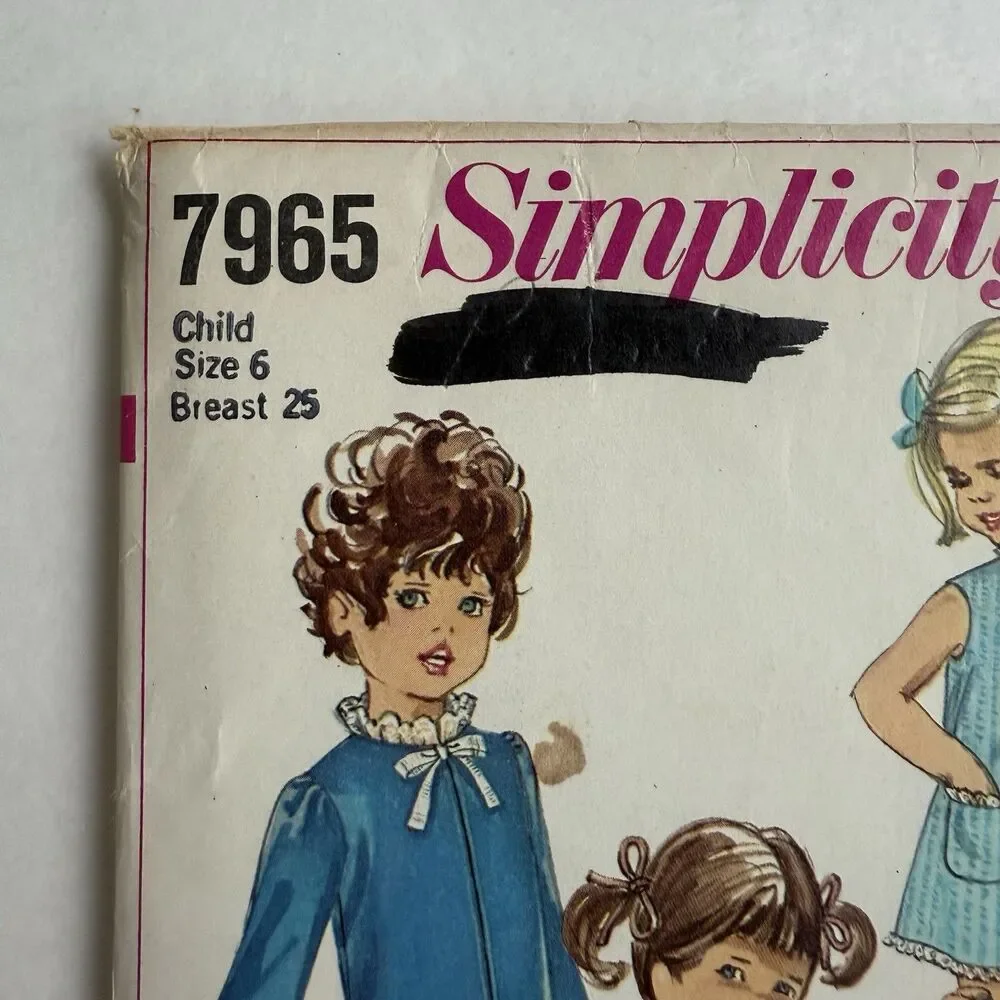 Vtg 60s Sewing Pattern Simplicity 7965 Girls Front-Zip Pajamas or Pantsuit Sz 6